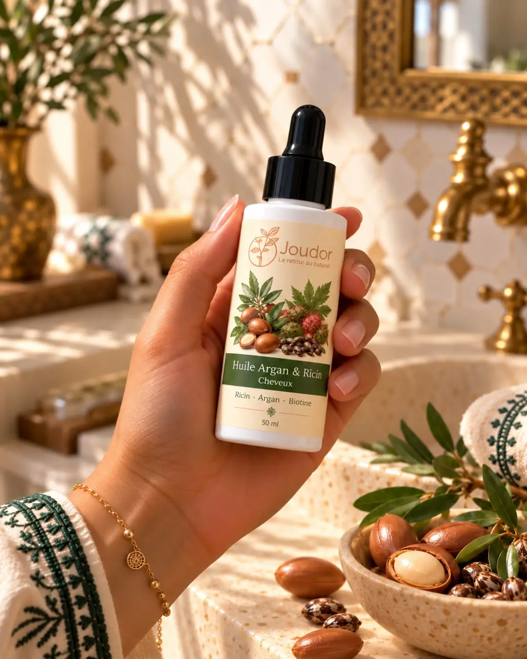 Huile argan & ricin JOUDOR 50 ml : flacon en main